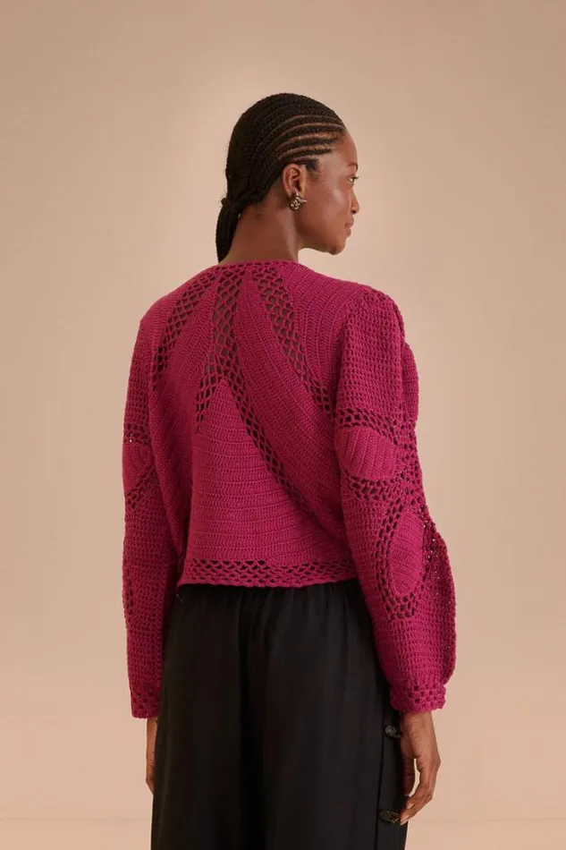 Pink Flower Draw Crochet Cardigan Women FARM Rio Cardigans