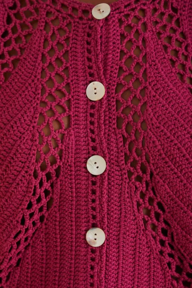 Pink Flower Draw Crochet Cardigan Women FARM Rio Cardigans
