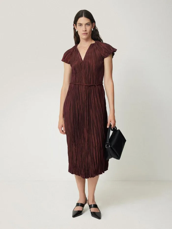 Plisse Belted Dress Red Women Jigsaw Dresses and Jumpsuits