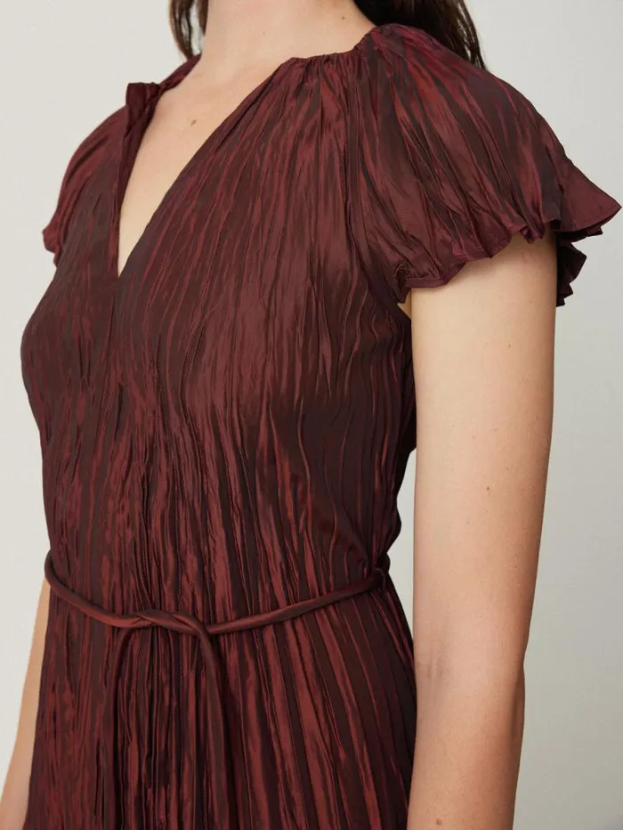Plisse Belted Dress Red Women Jigsaw Dresses and Jumpsuits