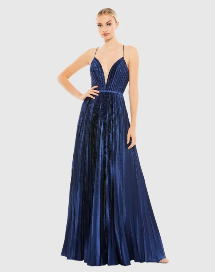 Plunge Neck Pleated Evening Gown Midnight Women Evening Gowns Mac Duggal
