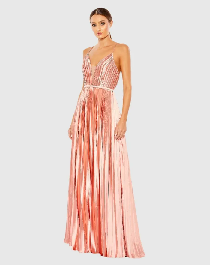 Plunge Neck Pleated Evening Gown Midnight Women Evening Gowns Mac Duggal