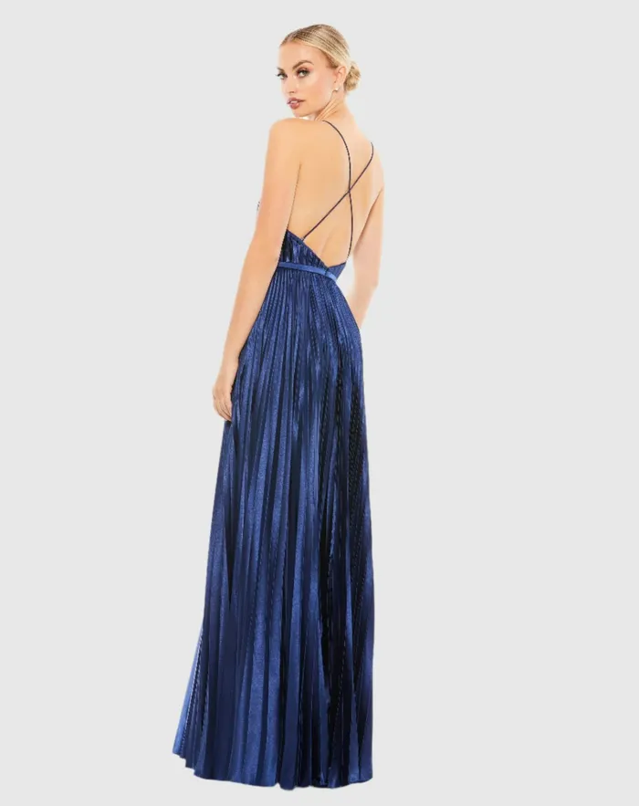 Plunge Neck Pleated Evening Gown Midnight Women Evening Gowns Mac Duggal