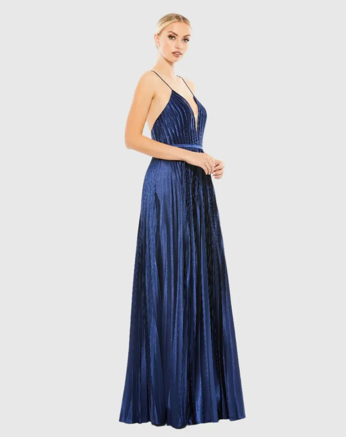Plunge Neck Pleated Evening Gown Midnight Women Evening Gowns Mac Duggal