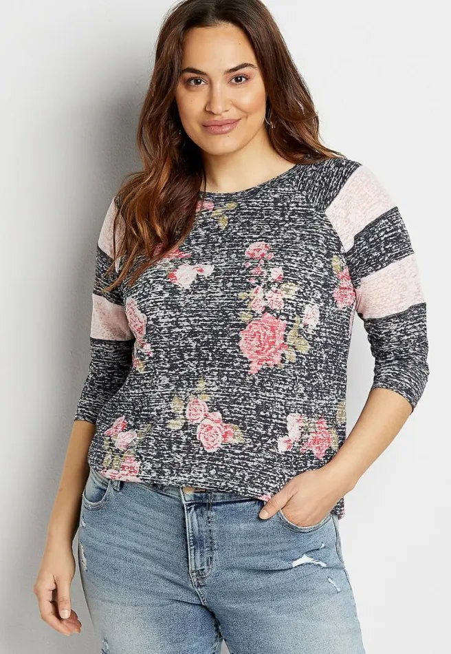Plus Size 247 Blue Floral Striped Baseball Tee Women Maurices Plus Tops