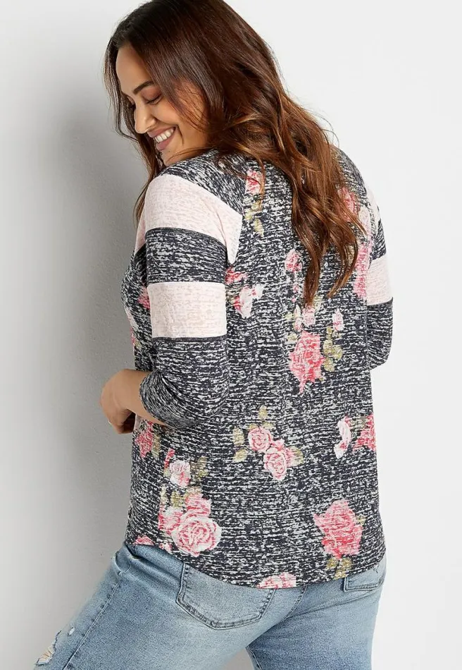 Plus Size 247 Blue Floral Striped Baseball Tee Women Maurices Plus Tops