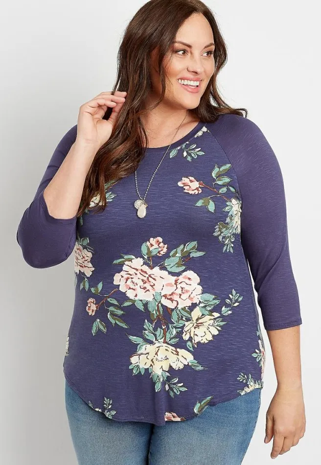 Plus Size 247 Blue Jasmine Floral Baseball Tee Women Maurices Plus Tops