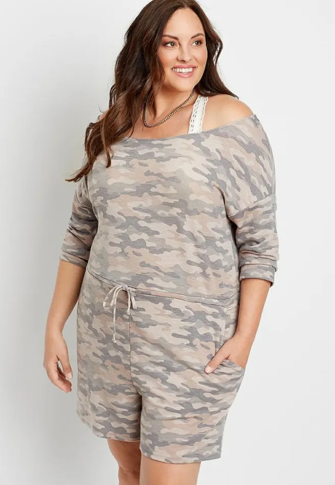 Plus Size 247 Camo French Terry Romper Women Maurices Plus Dresses and Jumpsuits