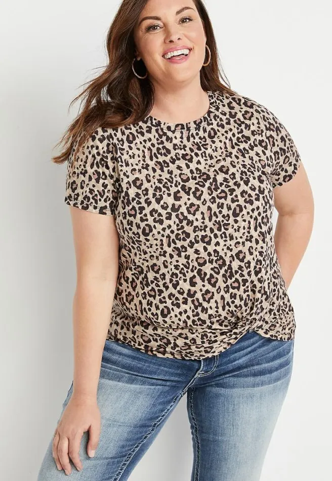 Plus Size 247 Leopard Front Knot Short Sleeve Top Women Maurices Plus Tops