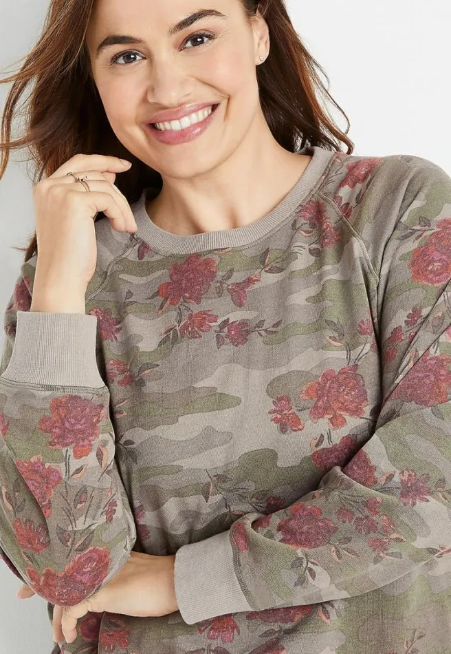 Plus Size Camo Floral Crew Neck Sweatshirt Women Maurices Plus Tops