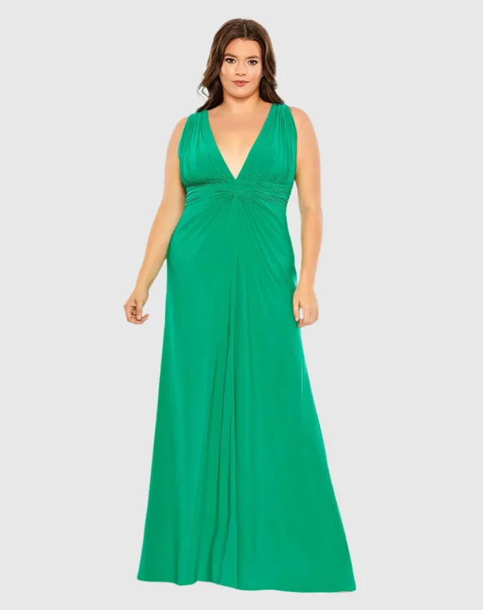 Plus Size Dresses Mac Duggal Women Draped V Neck Sleeveless A Line Gown Jade