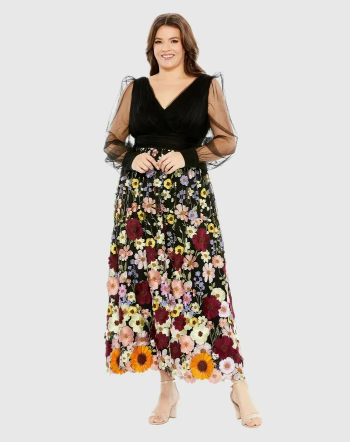 Plus Size Dresses Mac Duggal Women Embroidered Puff Sleeve A Line Dress Black Multi