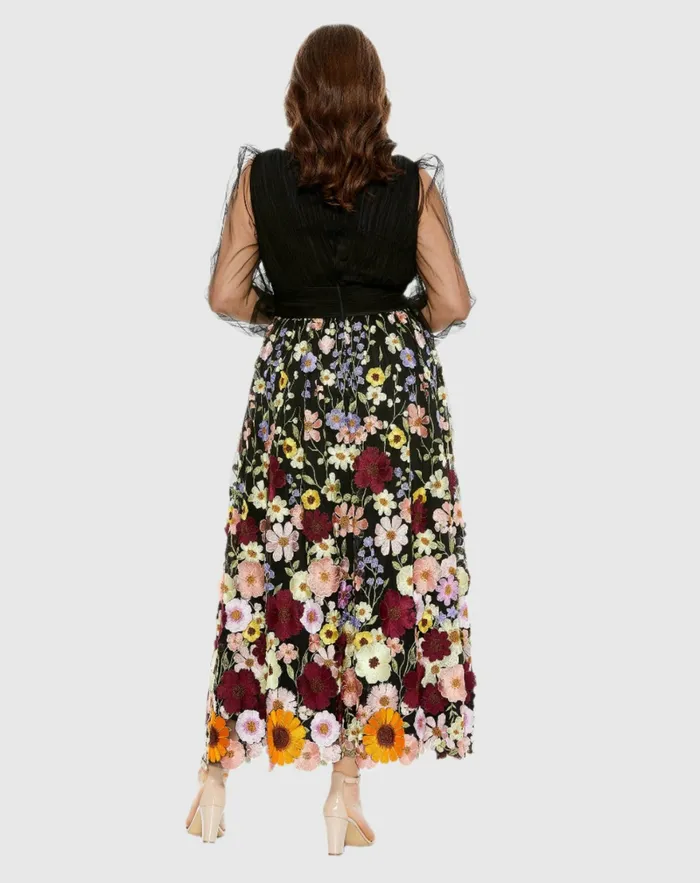 Plus Size Dresses Mac Duggal Women Embroidered Puff Sleeve A Line Dress Black Multi