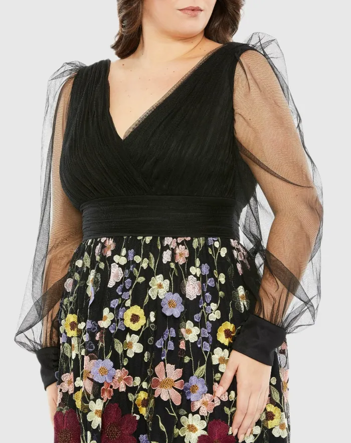 Plus Size Dresses Mac Duggal Women Embroidered Puff Sleeve A Line Dress Black Multi