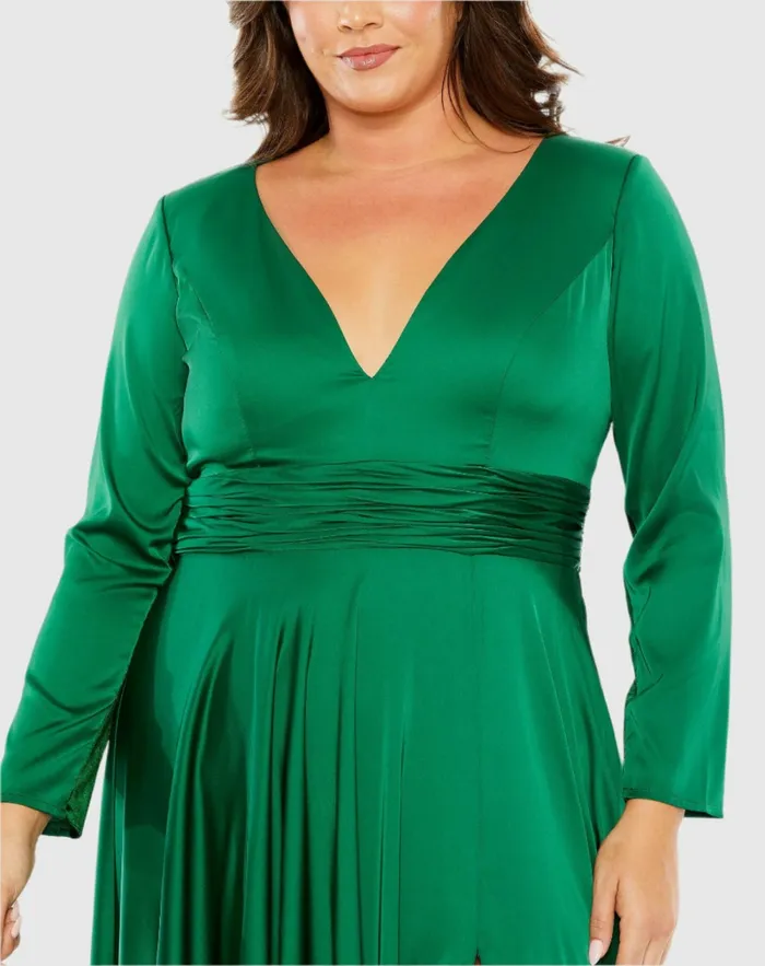 Plus Size Dresses Mac Duggal Women Quarter Sleeve V Neck A Line Gown Emerald