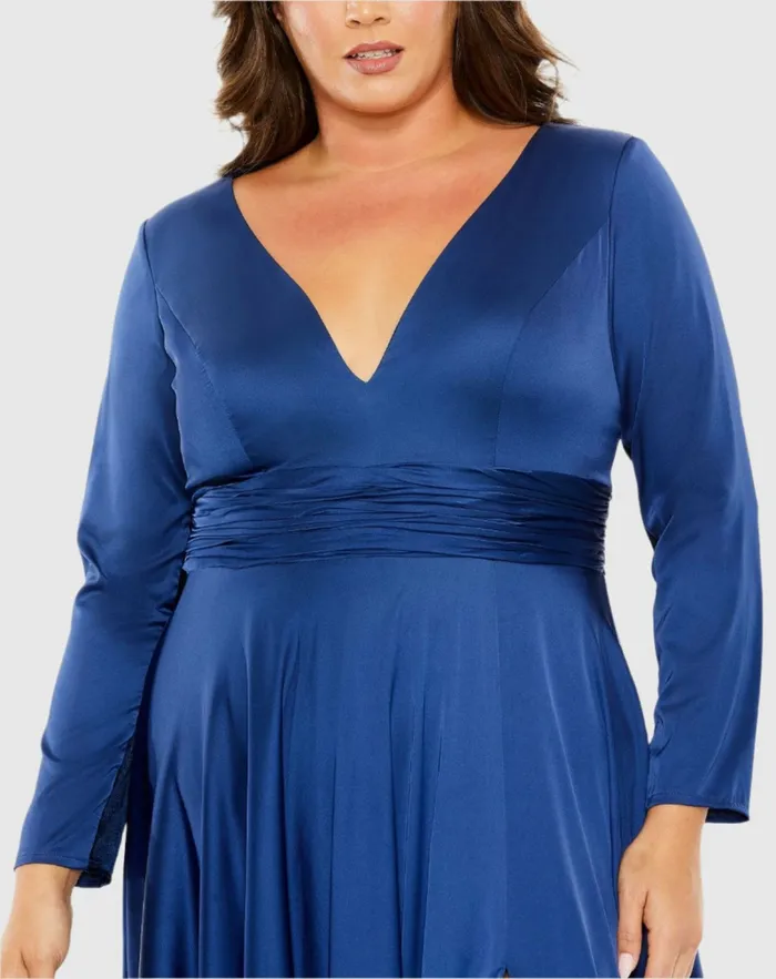 Plus Size Dresses Mac Duggal Women Quarter Sleeve V Neck A Line Gown Emerald