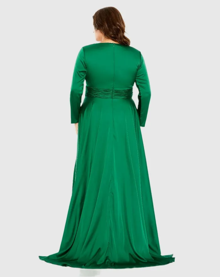 Plus Size Dresses Mac Duggal Women Quarter Sleeve V Neck A Line Gown Emerald