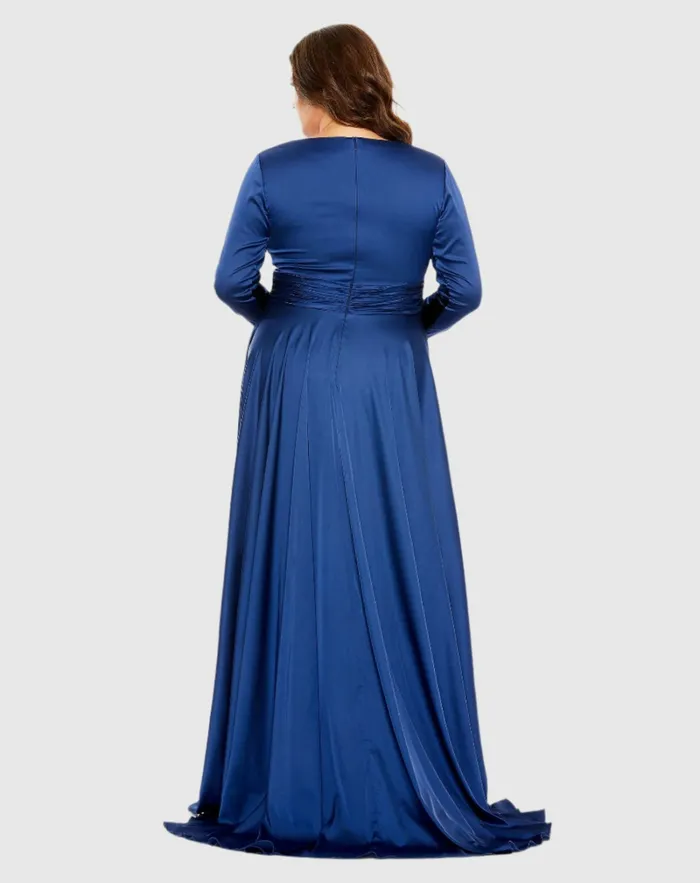 Plus Size Dresses Mac Duggal Women Quarter Sleeve V Neck A Line Gown Emerald