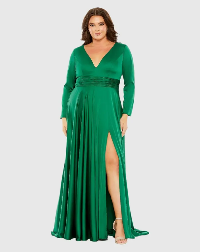 Plus Size Dresses Mac Duggal Women Quarter Sleeve V Neck A Line Gown Emerald