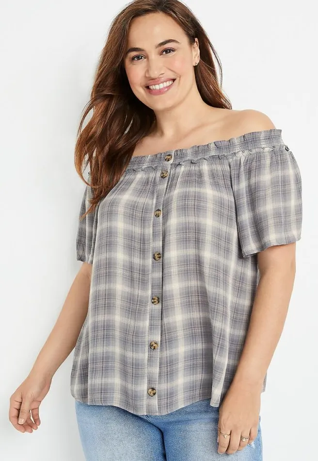 Plus Size Grey Plaid Off The Shoulder Button Front Top Women Maurices Plus Tops