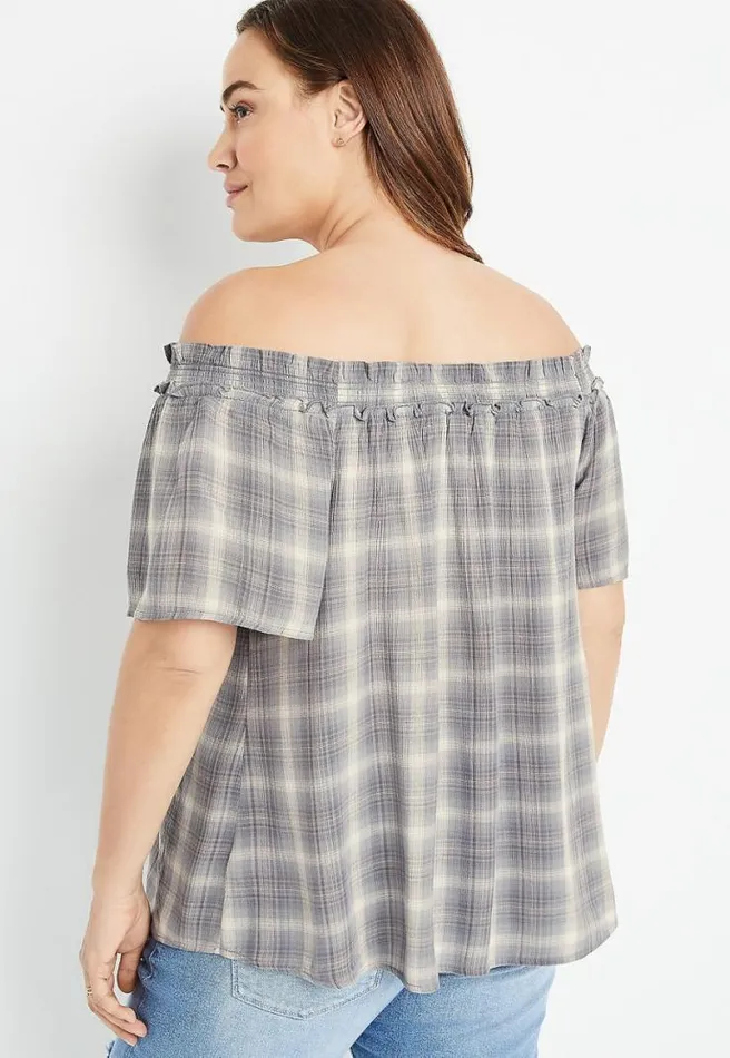 Plus Size Grey Plaid Off The Shoulder Button Front Top Women Maurices Plus Tops