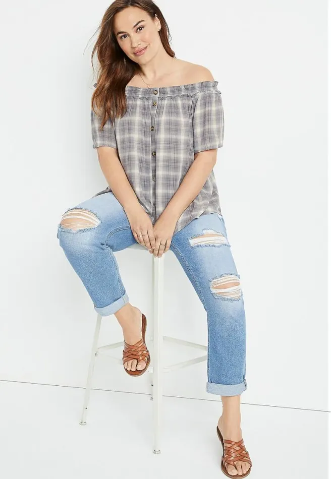 Plus Size Grey Plaid Off The Shoulder Button Front Top Women Maurices Plus Tops