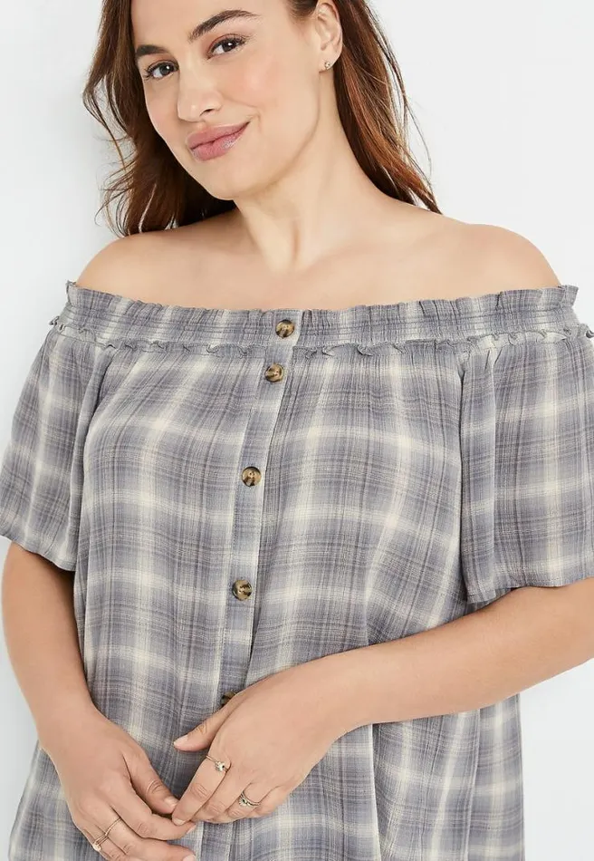 Plus Size Grey Plaid Off The Shoulder Button Front Top Women Maurices Plus Tops