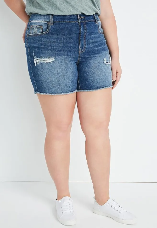 Plus Size High Rise Medium Wash Bandana Backed Ripped 6In Short Women Maurices Plus Bottoms