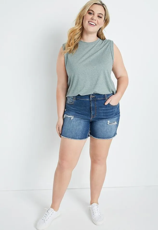 Plus Size High Rise Medium Wash Bandana Backed Ripped 6In Short Women Maurices Plus Bottoms