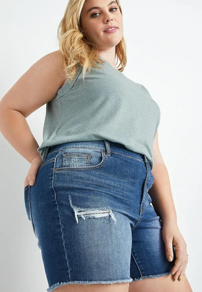 Plus Size High Rise Medium Wash Bandana Backed Ripped 6In Short Women Maurices Plus Bottoms