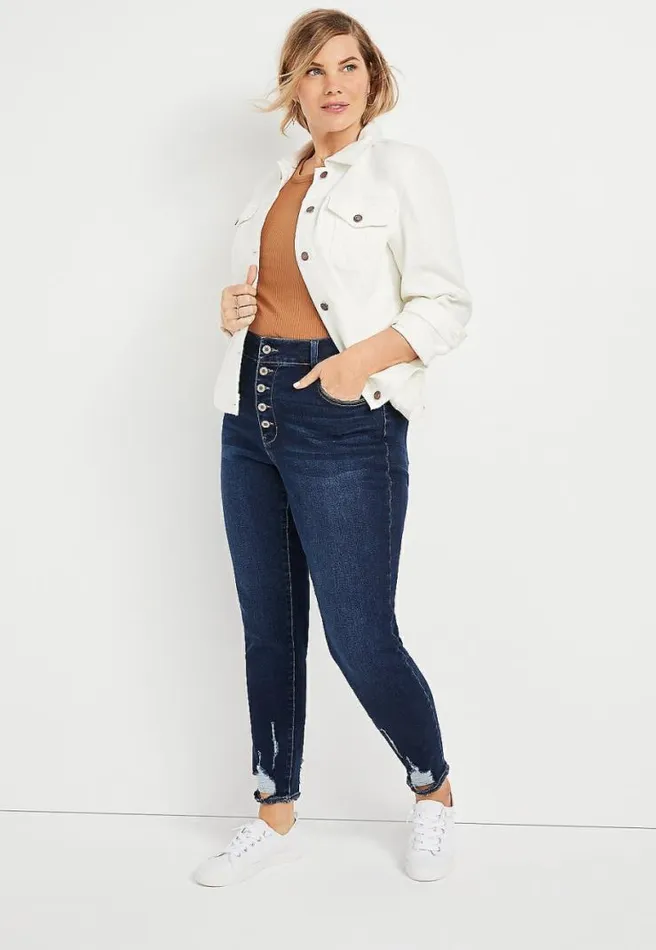 Plus Size Kancan High Rise Dark Ripped Hem Button Fly Skinny Jean Women Maurices Plus Jeans