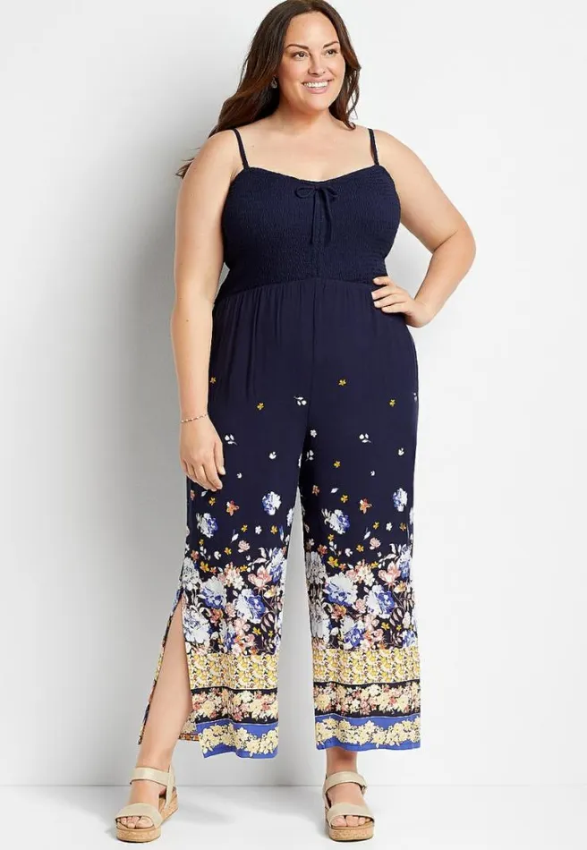 Plus Size Navy Floral Strapless Smocked Jumpsuit Women Maurices Plus Dresses and Jumpsuits
