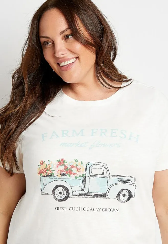 Plus Size White Vintage Flower Truck Graphic Tee Women Maurices Plus Tops