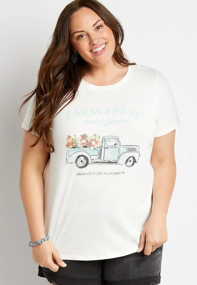 Plus Size White Vintage Flower Truck Graphic Tee Women Maurices Plus Tops