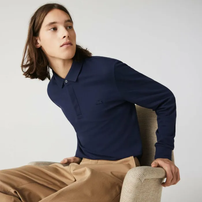 Polos Men Lacoste Men039s Smart Paris Long Sleeve Stretch Cotton Polo Navy Blue 166