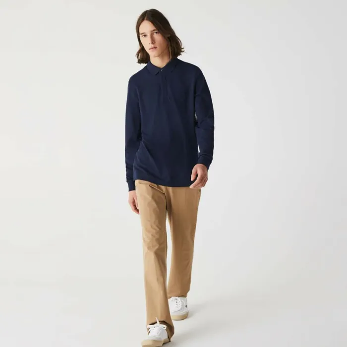 Polos Men Lacoste Men039s Smart Paris Long Sleeve Stretch Cotton Polo Navy Blue 166