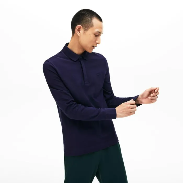 Polos Men Lacoste Men039s Smart Paris Long Sleeve Stretch Cotton Polo Navy Blue 166