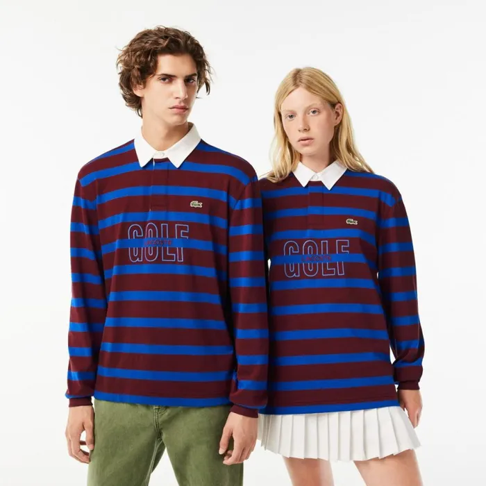 Polos MenWomen Lacoste Unisex Long Sleeve Striped Rugby Shirt Bordeaux Blue Q5i
