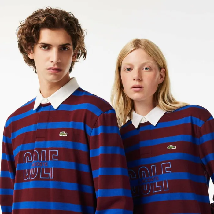 Polos MenWomen Lacoste Unisex Long Sleeve Striped Rugby Shirt Bordeaux Blue Q5i