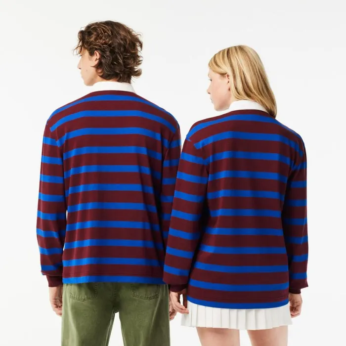 Polos MenWomen Lacoste Unisex Long Sleeve Striped Rugby Shirt Bordeaux Blue Q5i