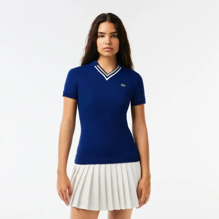 Polos Women Lacoste Women039s Slim Fit VNeck Stretch Piqu Polo Methylene Blue F9f