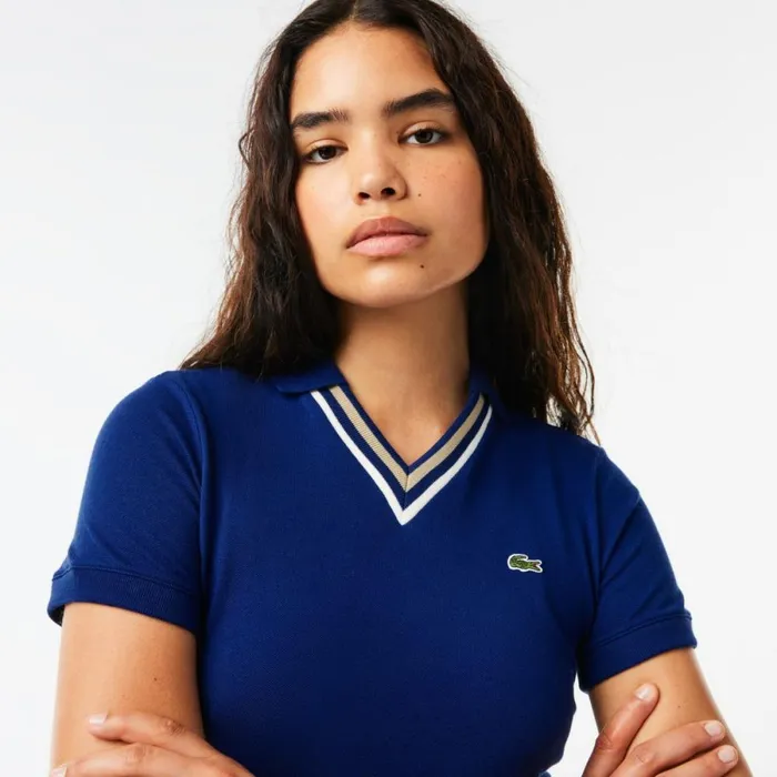 Polos Women Lacoste Women039s Slim Fit VNeck Stretch Piqu Polo Methylene Blue F9f