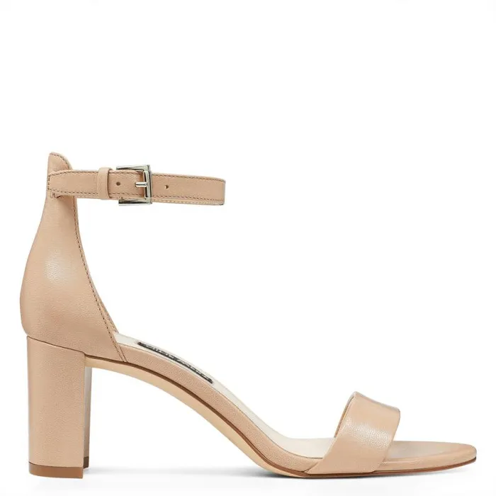 Pruce Ankle Strap Block Heel Sandals Barely Nude Leather Women Nine West Heels