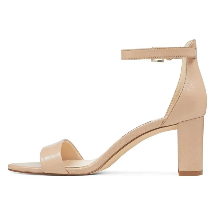 Pruce Ankle Strap Block Heel Sandals Barely Nude Leather Women Nine West Heels Pruce Ankle Strap Block Heel Sandals Barely Nude Leather Women Nine West Heels