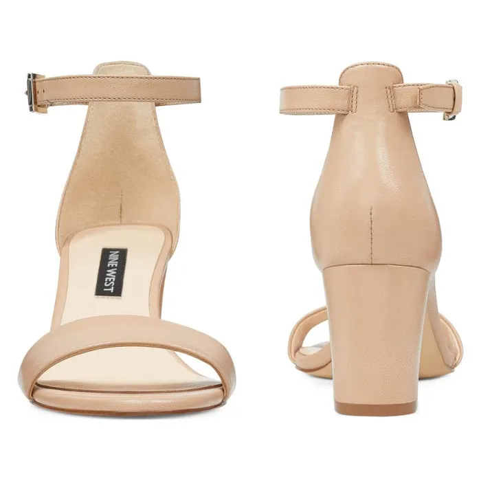 Pruce Ankle Strap Block Heel Sandals Barely Nude Leather Women Nine West Heels Pruce Ankle Strap Block Heel Sandals Barely Nude Leather Women Nine West Heels