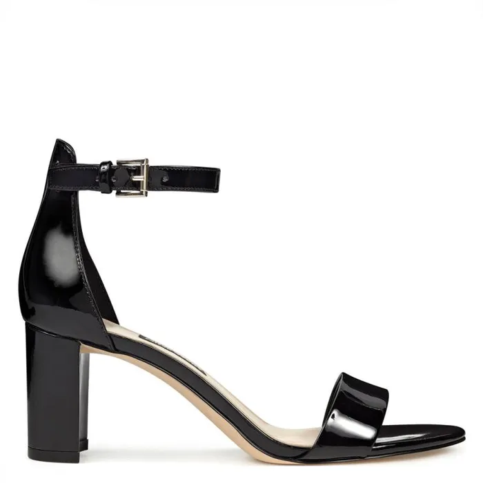 Pruce Ankle Strap Block Heel Sandals Black Patent Women Nine West Heels