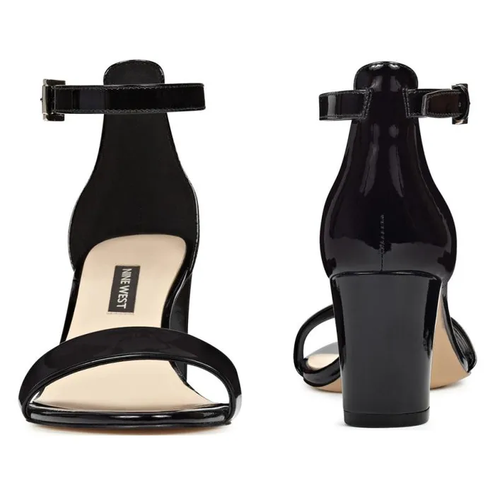 Pruce Ankle Strap Block Heel Sandals Black Patent Women Nine West Heels Pruce Ankle Strap Block Heel Sandals Black Patent Women Nine West Heels