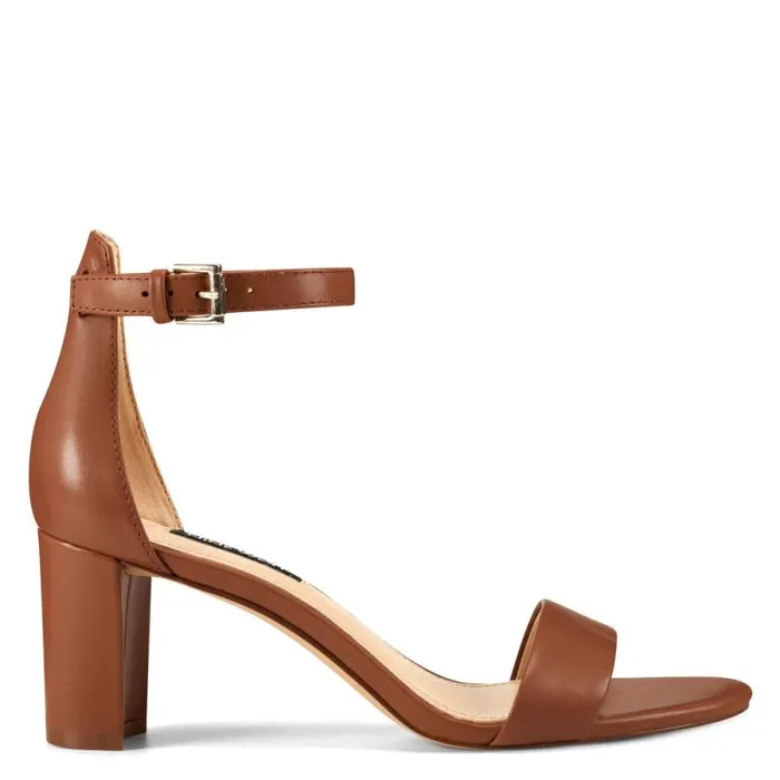Pruce Ankle Strap Block Heel Sandals Light Brown Leather Women Nine West Heels