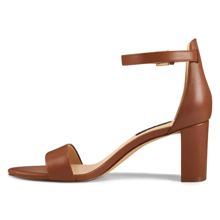 Pruce Ankle Strap Block Heel Sandals Light Brown Leather Women Nine West Heels