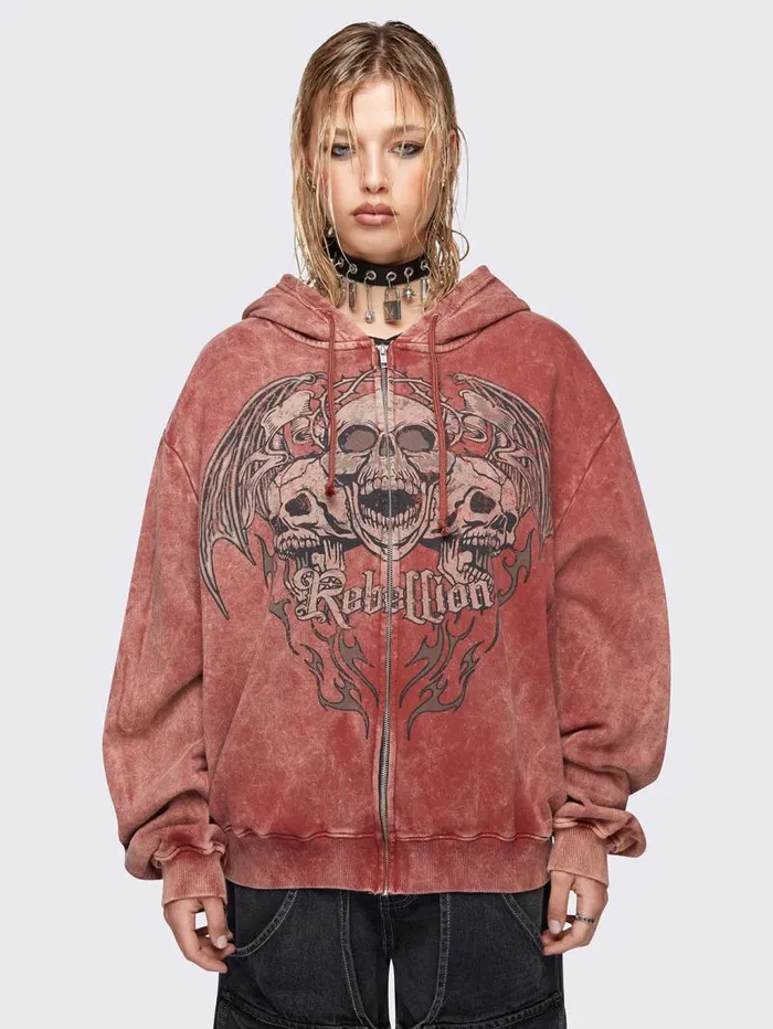 Rebellion Wash Zip Up Hoodie Women Minga London Sweatshirts and Hoodies